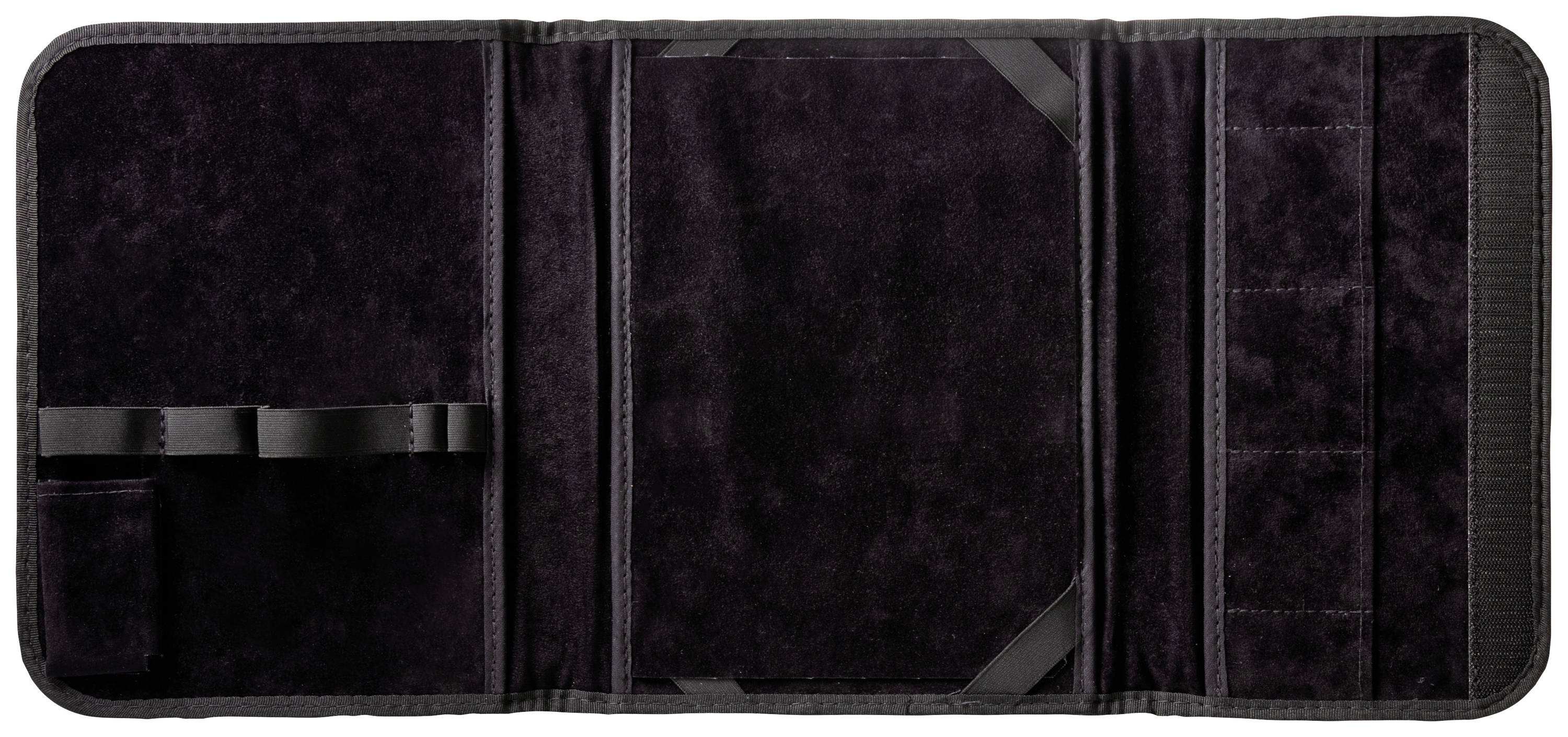 Schwarze, leere Brieftasche mit mehreren Fächern und Schlitzen, geöffnet, zeigt Innenaufteilung zur Aufbewahrung von Karten und Dokumenten.