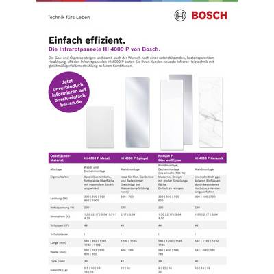 'Einfach effizient. Die Infrarotpaneele HI 4000 P von Bosch.' Tabelle zeigt Varianten mit Typen, Oberflächen, Leistungen und Preisen der Heizpaneele.