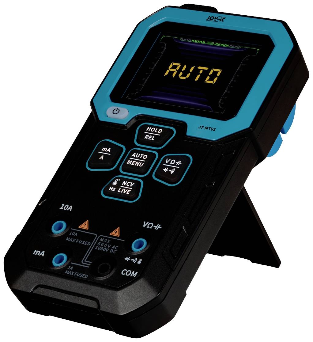 Ein digitales Multimeter mit Displayanzeige 'AUTO', mehreren Knöpfen und Symbolen zur Messung elektrischer Werte wie Spannung und Stromstärke.