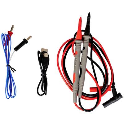 Verschiedene Messleitungen und Kabel mit Krokodilklemmen und USB-Stecker, typisch für elektrische Tests und Messungen.