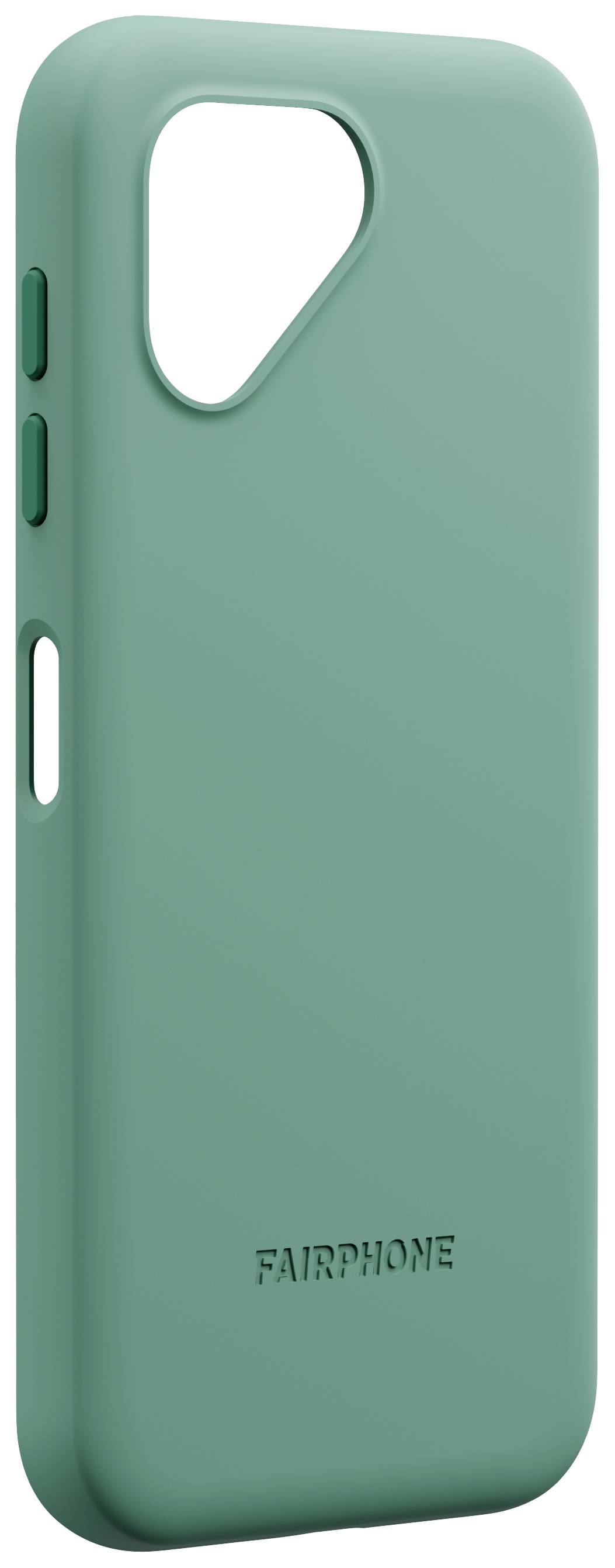 Grüne Handyhülle mit Aussparungen für Kamera und Tasten, geprägt mit dem Wort 'FAIRPHONE'.