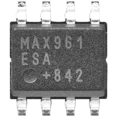 Ein integrierter Schaltkreis mit der Aufschrift 'MAX961 ESA +842', zeigt die Vorderseite eines Chips mit acht Anschlüssen.