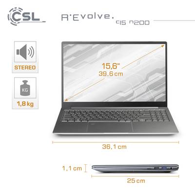 Ein Laptop mit 15,6-Zoll-Bildschirm und 1,8 kg Gewicht. Hersteller 'CSL'. Produktname 'R'Evolve Q15 7200'. Abmessungen: 36,1 cm Breite, 25 cm Tiefe.