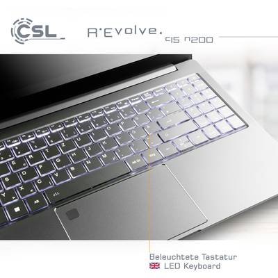 Laptop mit beleuchteter Tastatur, Modell 'R'Evolve QS 1200', von CSL. Hauptmerkmal hervorgehoben: LED-beleuchtete Tastatur.