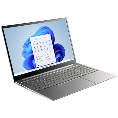 Ein moderner Laptop mit geöffnetem Windows-Betriebssystem auf dem Bildschirm. Das Startmenü mit verschiedenen App-Symbolen ist sichtbar.
