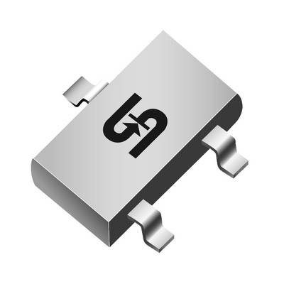 Ein elektronisches Bauteil mit drei Metallkontakten und einem Logo auf der Oberfläche. Es ist klein und rechteckig geformt.