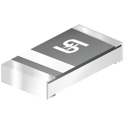 Ein rechteckiger Widerstand in SMD-Bauform mit einer Beschriftung, die ein Logo enthält. Hauptsächlich in elektronischen Schaltungen verwendet.