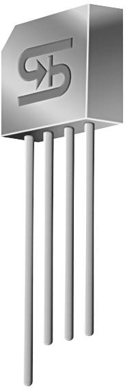Ein silbernes, rechteckiges elektronisches Bauteil mit vier langen Anschlussdrähten. Markierung zeigt ein 'GJ'-Logo.