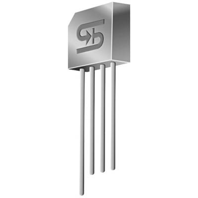 Ein silbernes, rechteckiges elektronisches Bauteil mit vier langen Anschlussdrähten. Markierung zeigt ein 'GJ'-Logo.