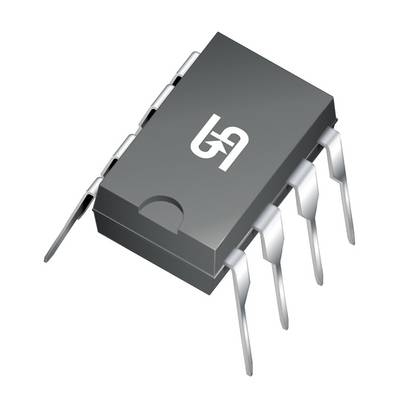 Mikrochip mit schwarzem Gehäuse und sechs silbernen Beinchen, auf einer Seite das einfache Logo 'GA'.