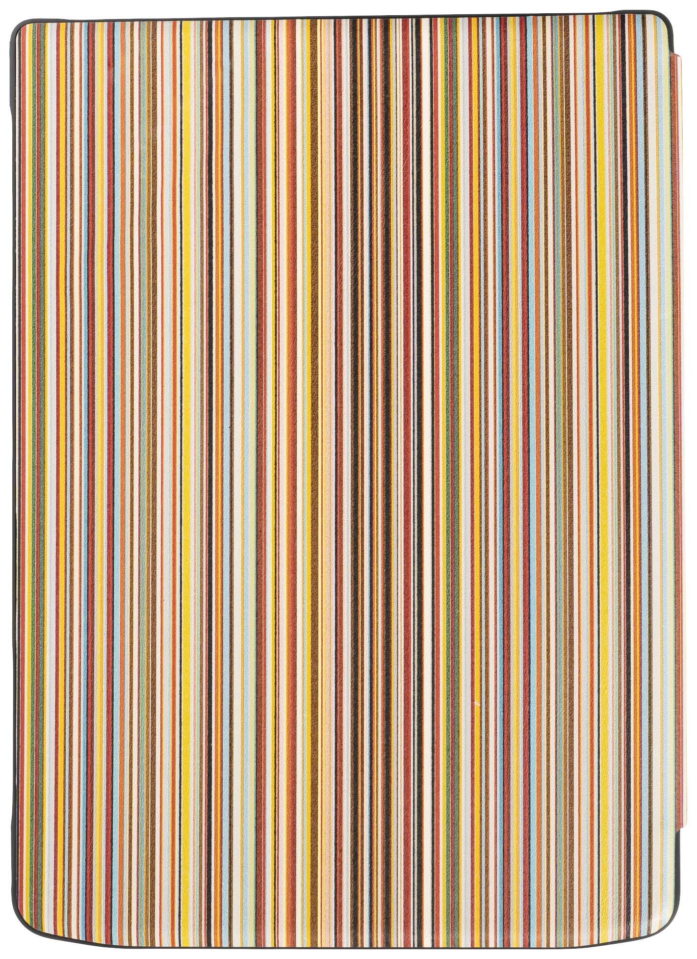 Bunt gestreiftes Notizbuch mit vertikalen Linien in verschiedenen Farben.