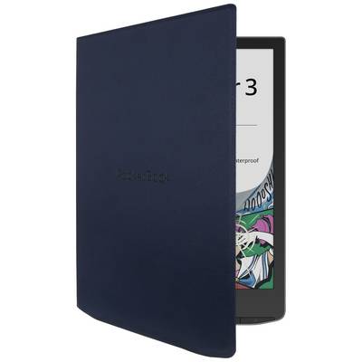 Ein E-Reader mit dunkelblauer Hülle, teilweise geöffnet, zeigt ein Display mit Text und farbiger Grafik am Rand.