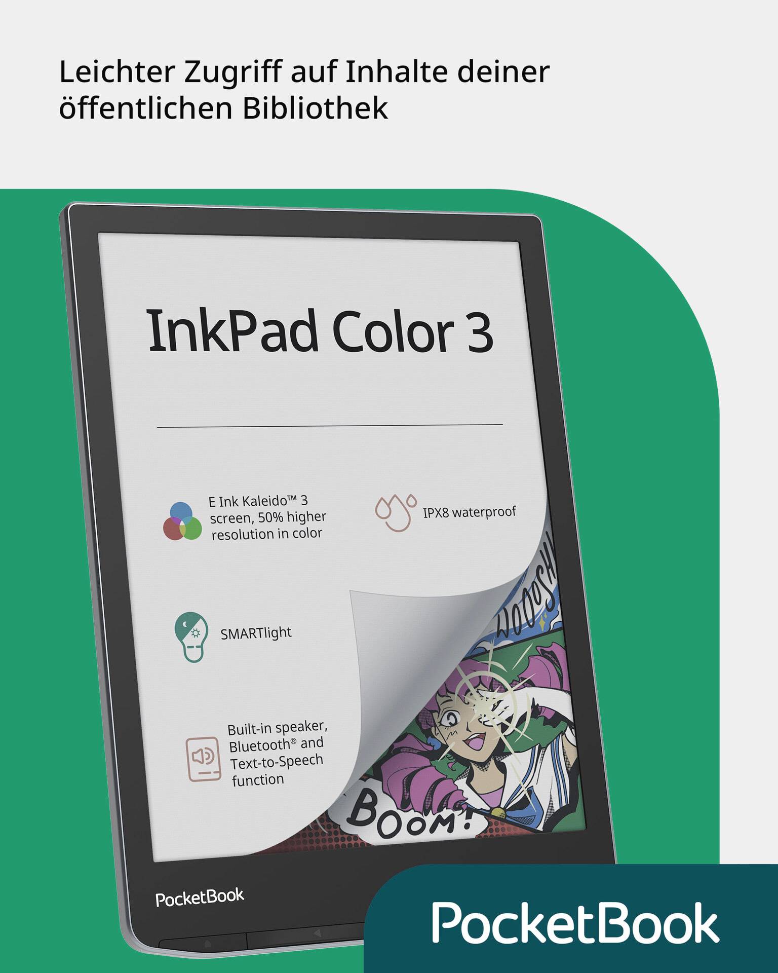 Ein E-Reader mit farbigem Display zeigt Texte und Illustrationen. Oben steht: 'Leichter Zugriff auf Inhalte deiner öffentlichen Bibliothek'.