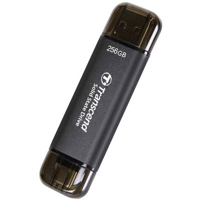 USB-Stick 'Transcend Solid State Drive', 256 GB Speicherkapazität, schwarz, transparent-kappen. Kompakt und tragbar.