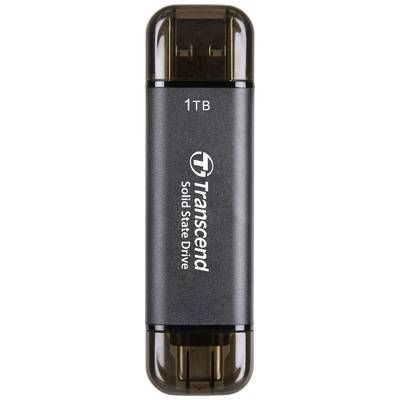 USB-Stick mit 1 TB Speicher, markiert als 'Transcend Solid State Drive'. Schwarzes Gehäuse mit Schutzkappen an beiden Enden.