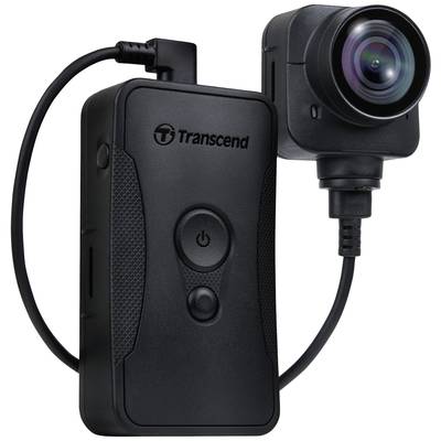 Eine schwarze Dashcam mit Linse und eingebautem Display von der Marke Transcend, geeignet zur Videoaufnahme im Auto.