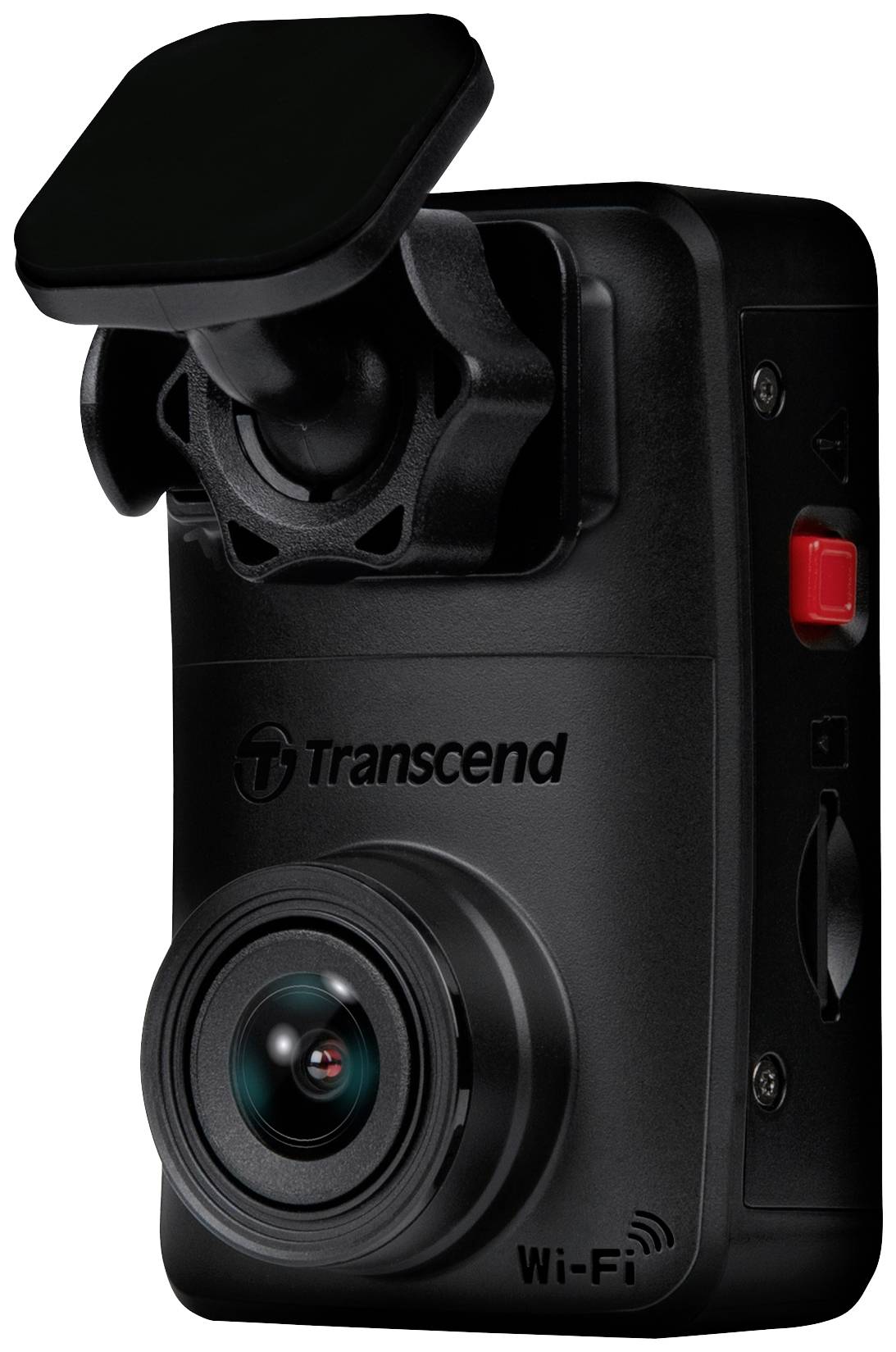 Schwarze Transcend Dashcam mit breitem Objektiv, rotem Knopf und Wi-Fi-Symbol, montierbar, ideal für Autoüberwachung.