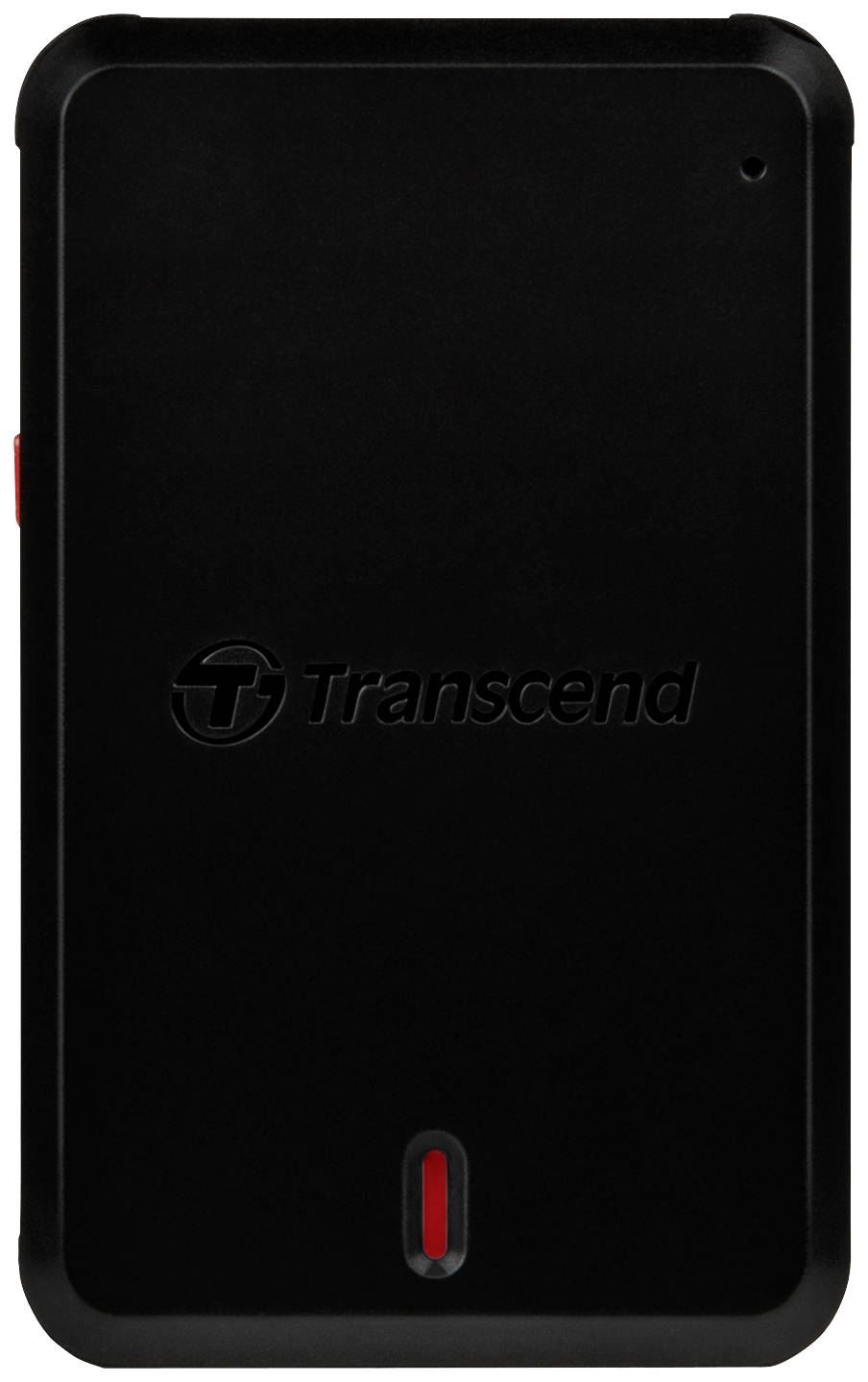 Schwarze, rechteckige Festplatte mit dem Aufdruck 'Transcend' in der Mitte, abgerundeten Ecken und einem roten Knopf an der Seite.