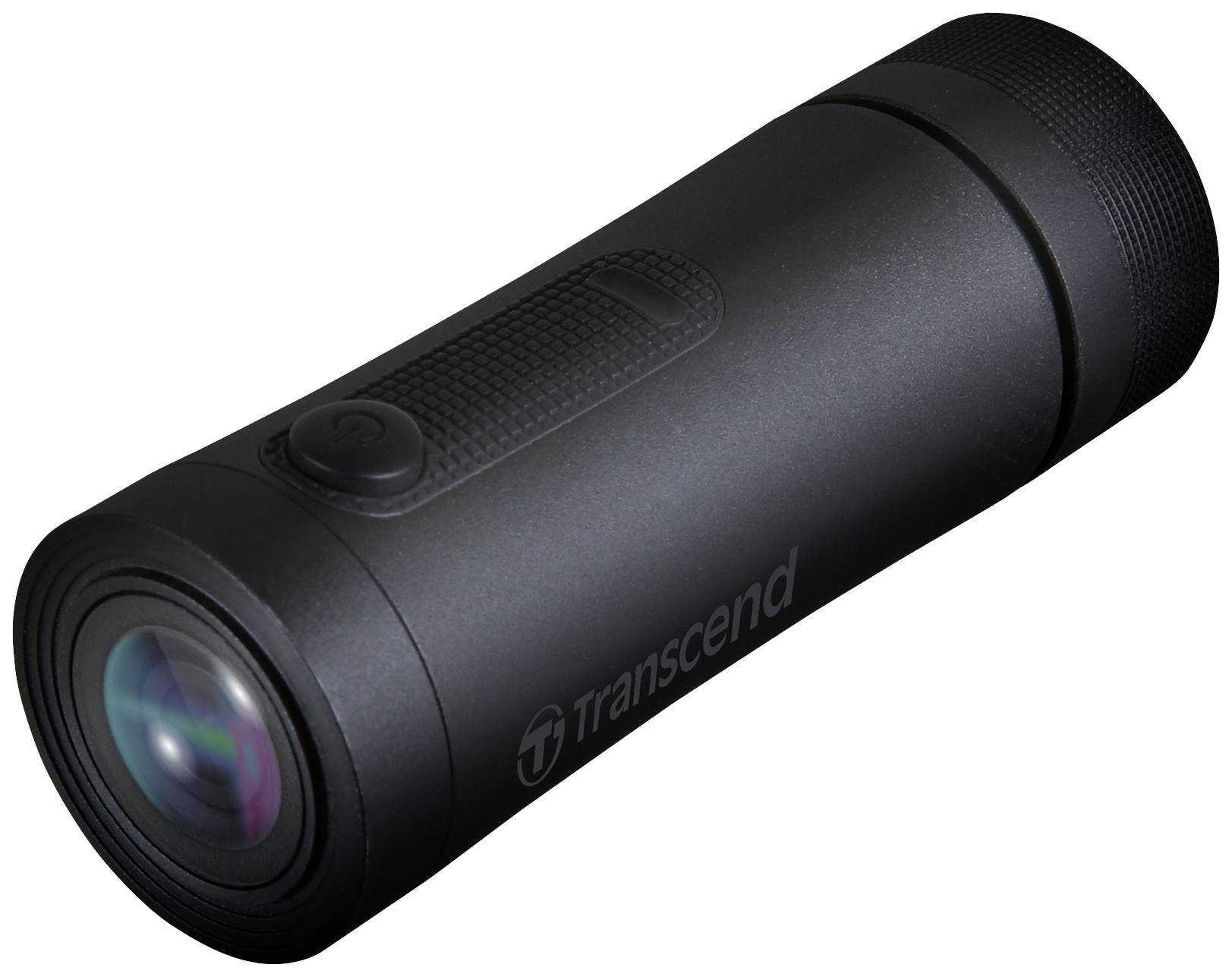 Ein schwarzer, zylinderförmiger Camcorder mit Transcend-Logo, einem Objektiv auf der Vorderseite und einem Knopf oben.