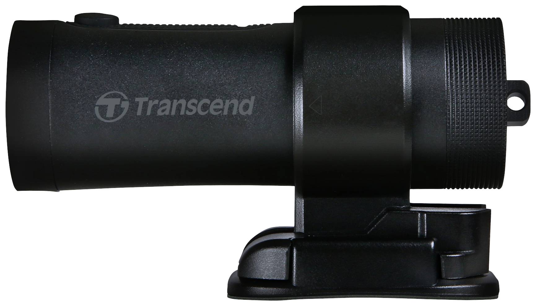 Eine schwarze, zylindrische Dashcam mit der Aufschrift 'Transcend' auf der Seite, montiert auf einer Halterung.