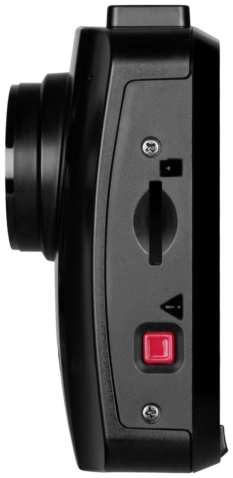 'Seitliche Ansicht einer schwarzen Kamera mit hervorstehendem Objektiv. Sichtbare Bedienelemente und rote Taste auf der Seite.'