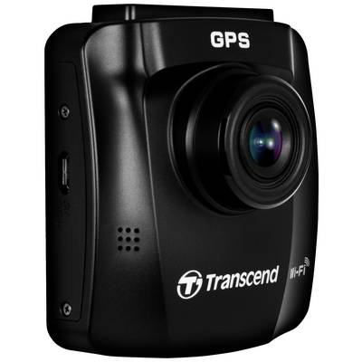 Eine schwarze Transcend Dashcam mit GPS- und Wi-Fi-Funktion, seitliche Ansicht. Hauptmerkmale: großes Objektiv, kompakt.