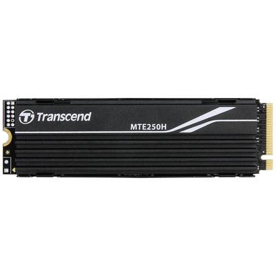 Schwarze SSD von Transcend, Modell MTE250H, liegt horizontal; platziert auf weißem Hintergrund.