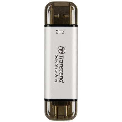 USB-Stick mit der Aufschrift '2TB Transcend Solid State Drive', schwarzes Gehäuse mit transparentem Schutz an den Enden.