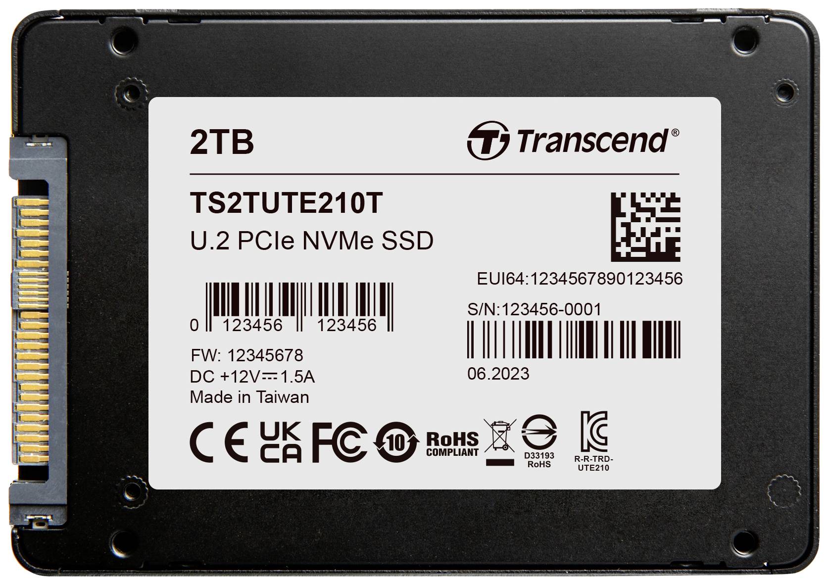 Festplatte Transcend 2TB U.2 PCIe NVMe SSD, Modell TS2TUTE210T, mit Seriennummer und weiteren technischen Informationen auf dem Etikett.