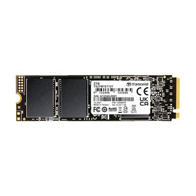SSD von Transcend, 2TB, Modell TS2TMTE710T; schwarze Oberfläche mit Aufkleber, technische Spezifikationen und Zertifizierungssymbole.