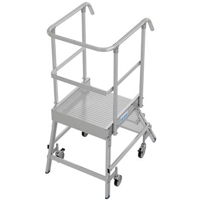 Aluminium-Trittleiter mit Handläufen, vier Rädern und rutschfester Plattform. Geeignet für sicheres Arbeiten in erhöhter Position.