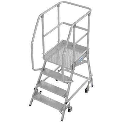 Eine mobile, silberne Industrietreppe mit fünf Stufen und Handläufen, auf Rollen montiert. Geeignet für erhöhte Arbeitsbereiche.