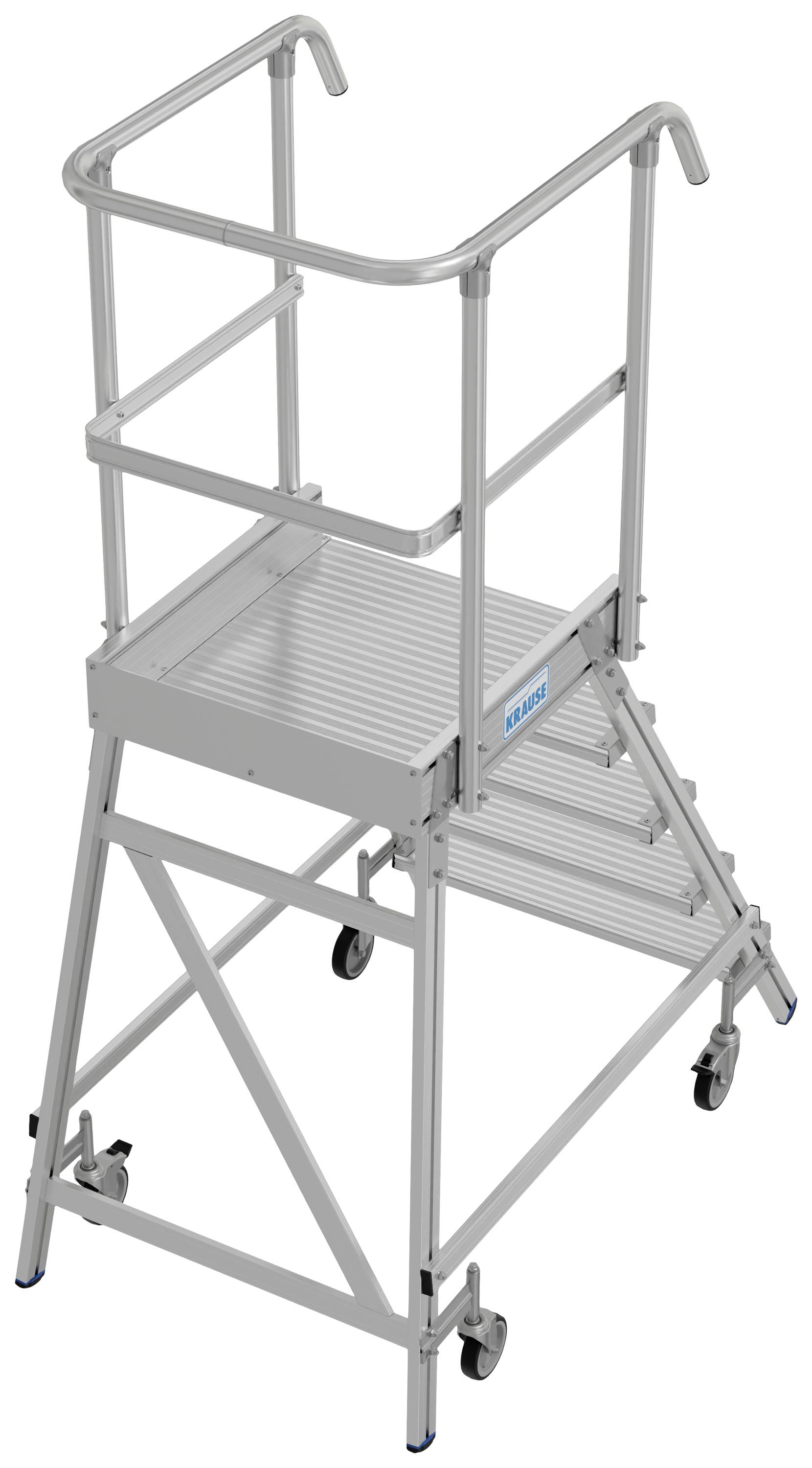 Ein mobiler Tritt mit Geländer und Rollen, geeignet für Arbeiten in der Höhe. Solide Metallkonstruktion für Sicherheit und Stabilität.