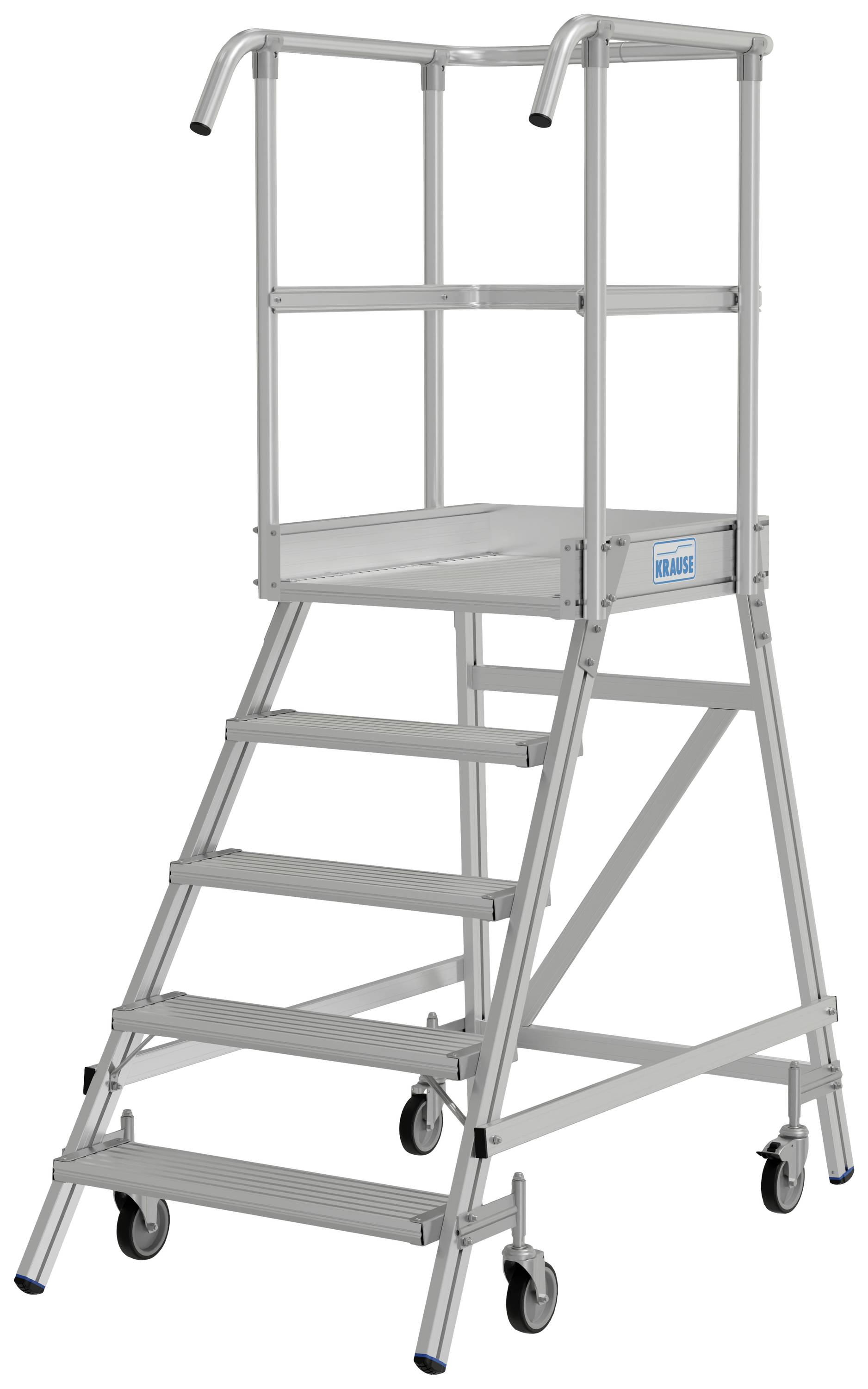Metalltrittleiter mit Plattform und Handläufen, fünf Stufen, mobile Räder an der Basis, für sicheres Erreichen höherer Ebenen.