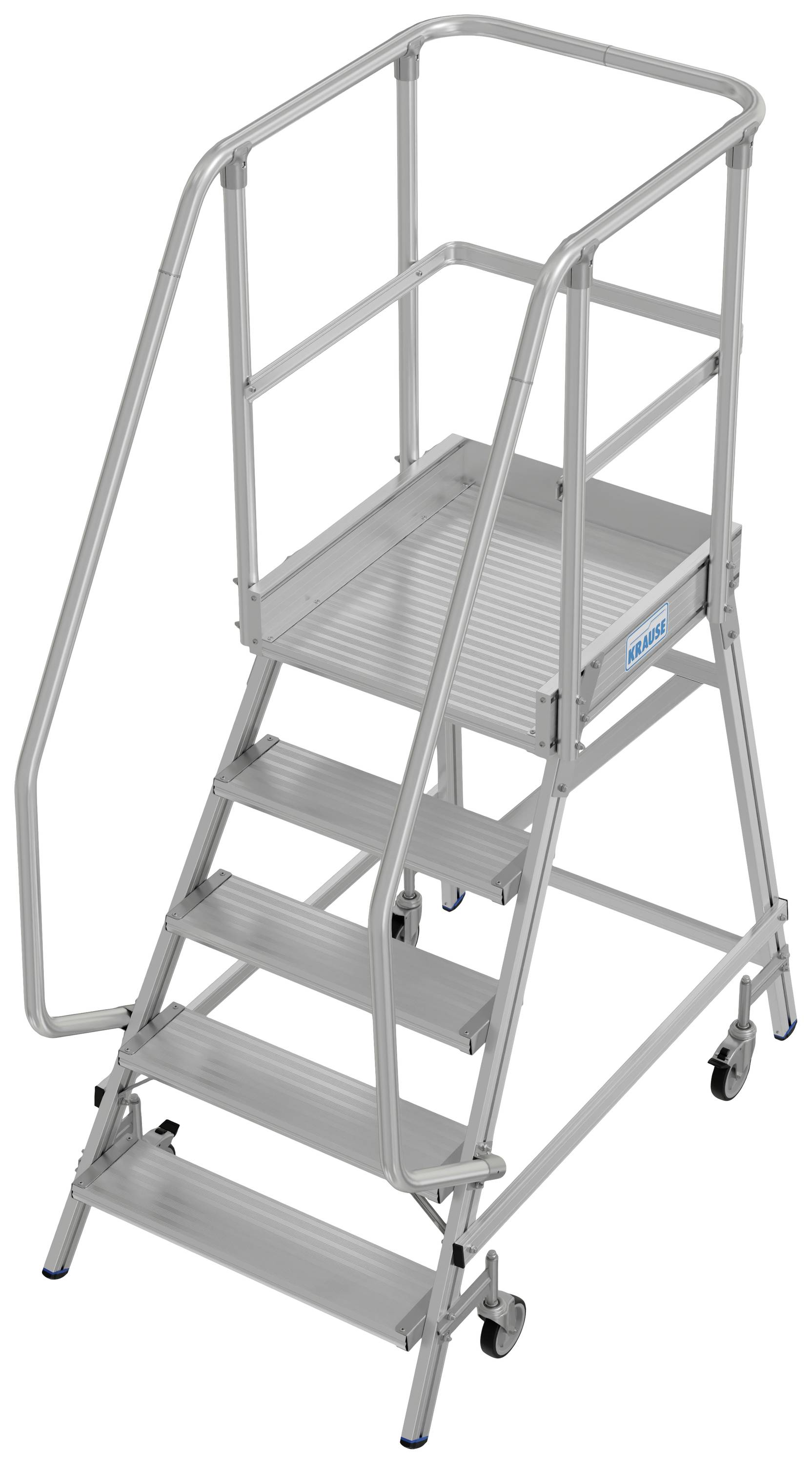 Aluminium-Sicherheitsleiter mit fünf Stufen, Geländer und Plattform; geeignet für industrielle Anwendungen und Wartungsarbeiten.