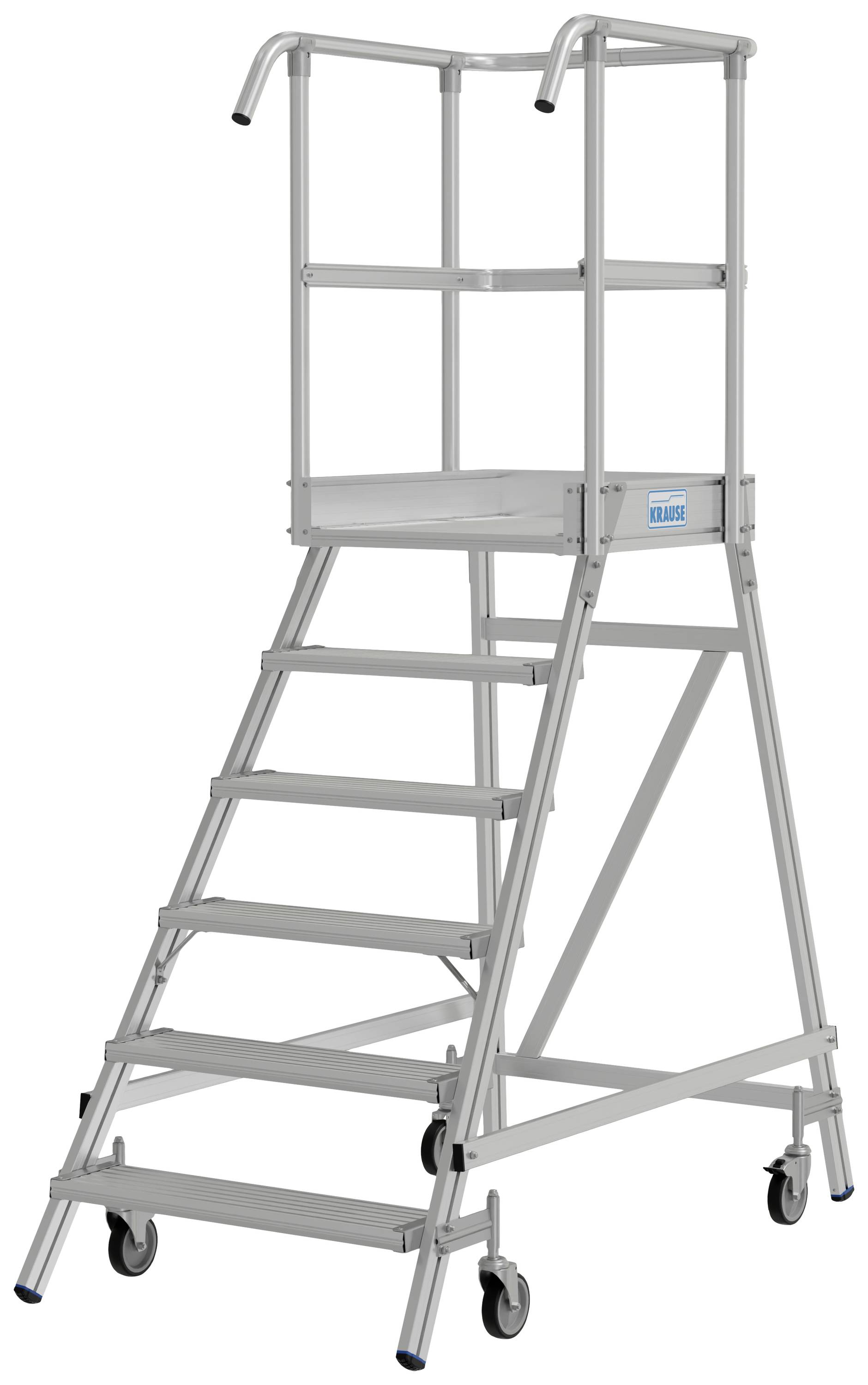 Eine mobile Aluminium-Arbeitsplattform mit Handläufen und Treppenstufen für sicheren Zugang und Arbeiten in der Höhe.