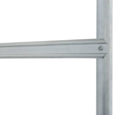 Ein Teil einer Metallstruktur zeigt ein horizontales und ein vertikales Element, verbunden mit einer Schraube. Minimalistische Darstellung.