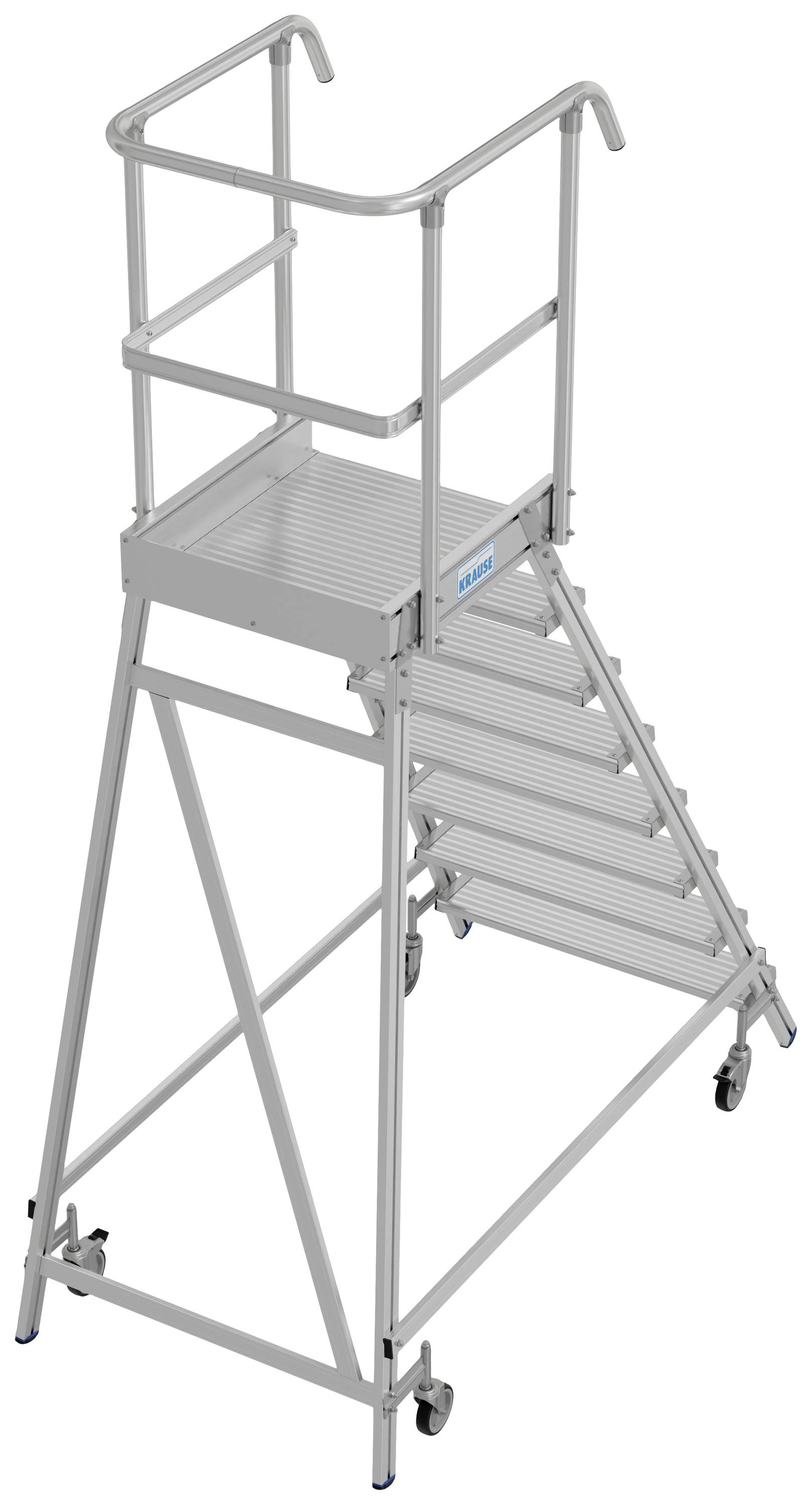 Eine stabile, mobile Plattformleiter mit Handläufen und mehreren Stufen. Sie ist aus Metall und hat Rollen für einfache Beweglichkeit.