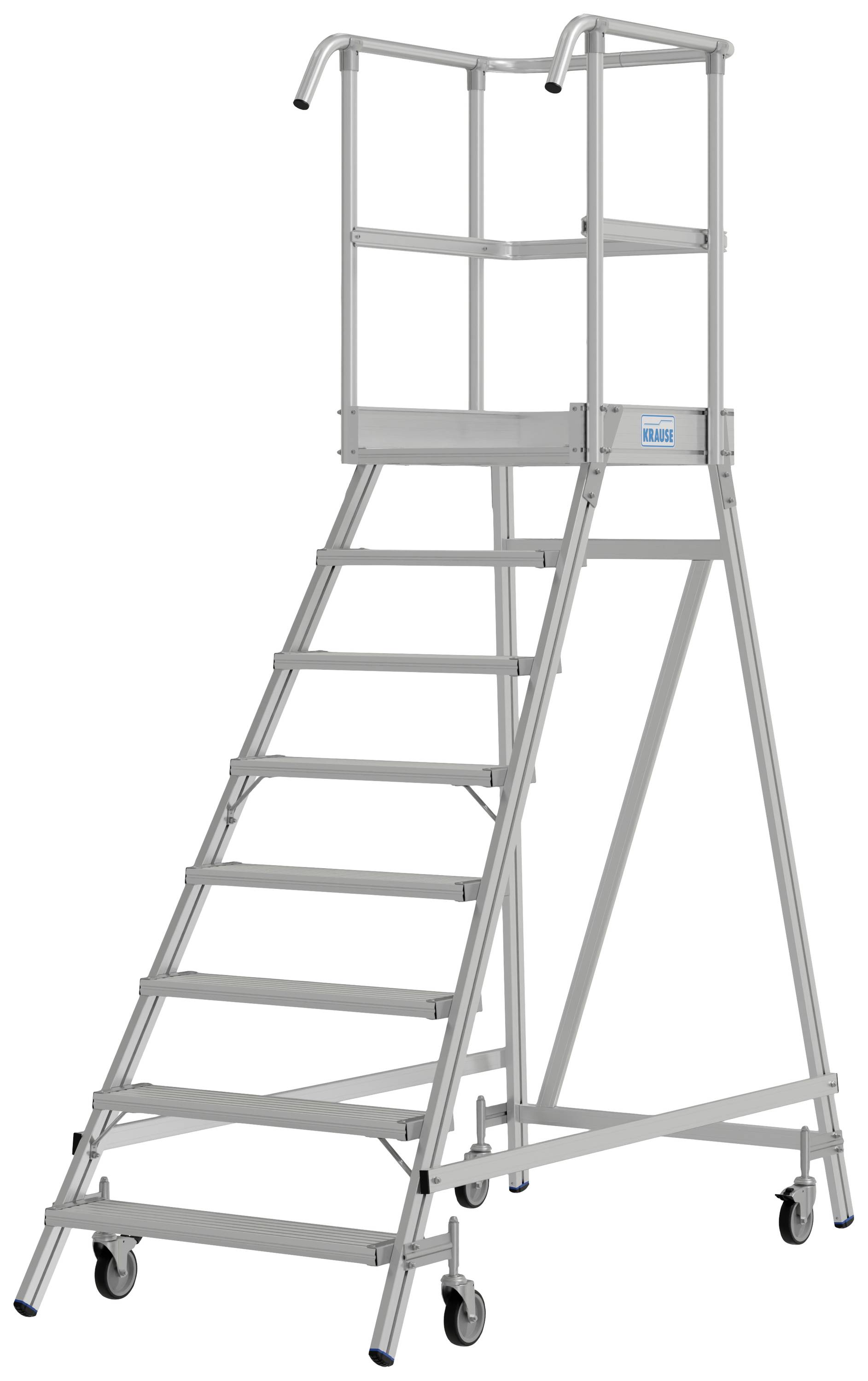 Eine mobile Alu-Podestleiter mit Geländern und Rollen. Verwendet für sicheres Arbeiten in der Höhe in Industrie- oder Lagerumgebungen.