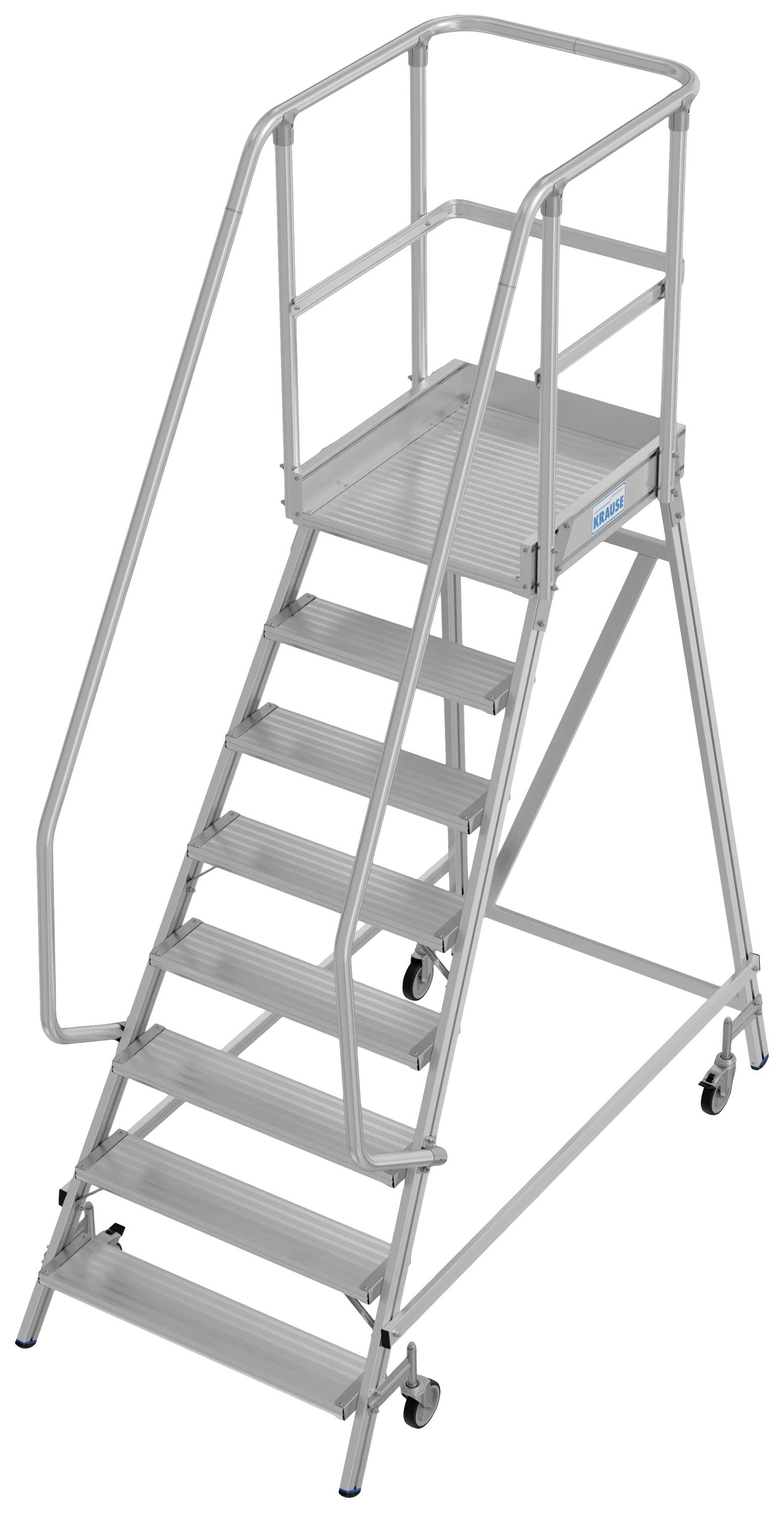 Metallleiter mit Geländer und Rädern, geeignet für sicherere Erreichbarkeit von hohen Regalen in Lager- oder Industrieumgebungen.