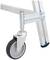 'Aluminiumleiter mit grauer Transportrolle, befestigt an einem Metallgestell. Rolle ermöglicht Beweglichkeit und Stabilität der Leiter.'