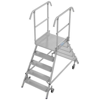 Aluminiumleiter mit fünf Stufen und Handläufen, geeignet für sicheres Arbeiten in der Höhe. Mobil durch Rollen.
