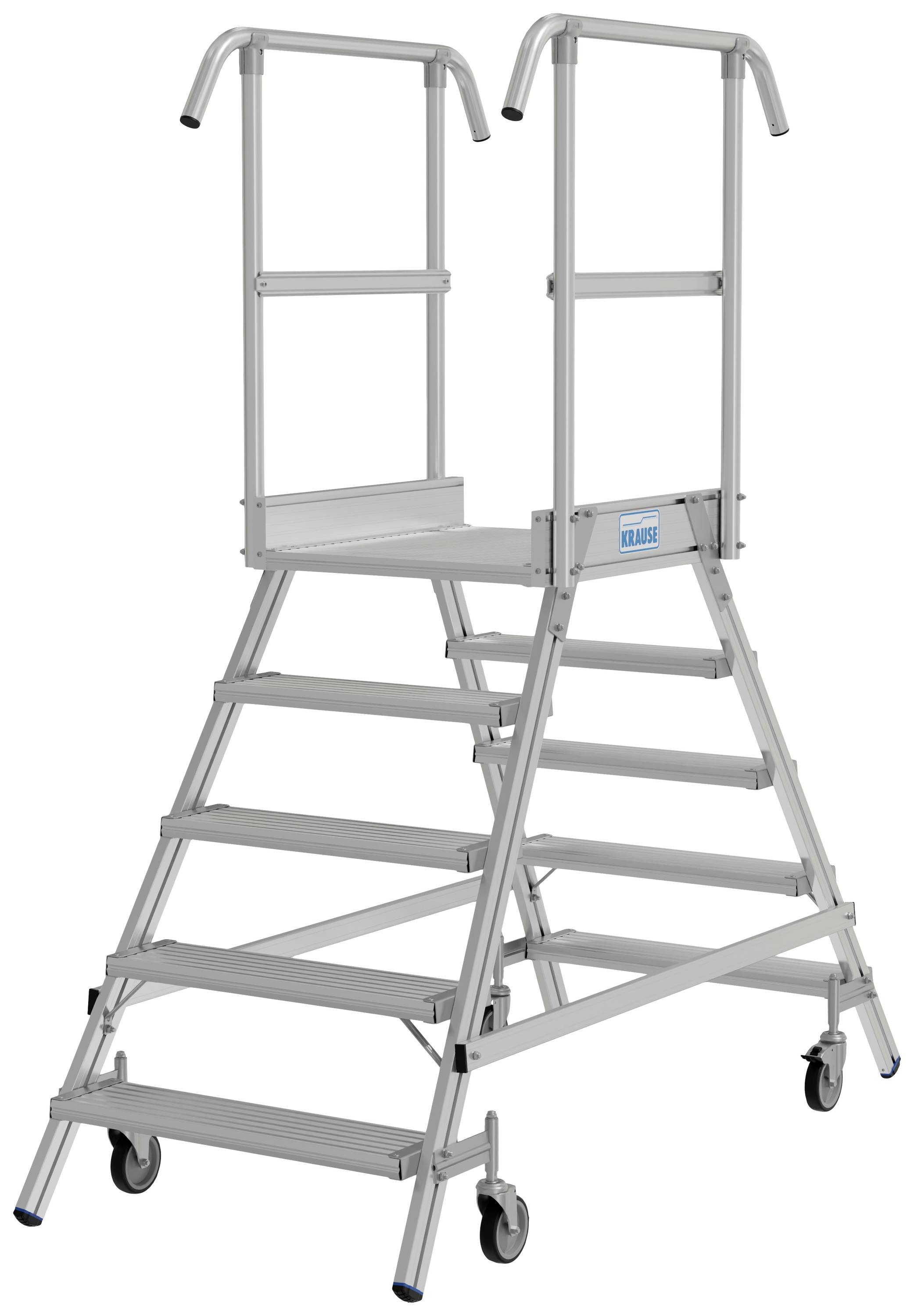 Rollbare Aluminiumbühne mit Geländer und sechs Stufen, geeignet für Arbeiten in der Höhe, bietet Sicherheit und Mobilität.