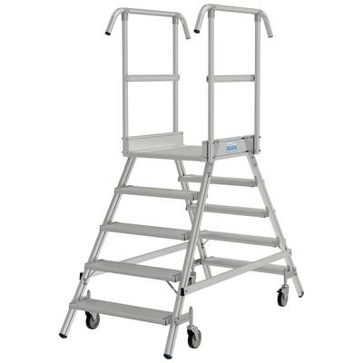 Rollbare Aluminiumbühne mit Geländer und sechs Stufen, geeignet für Arbeiten in der Höhe, bietet Sicherheit und Mobilität.