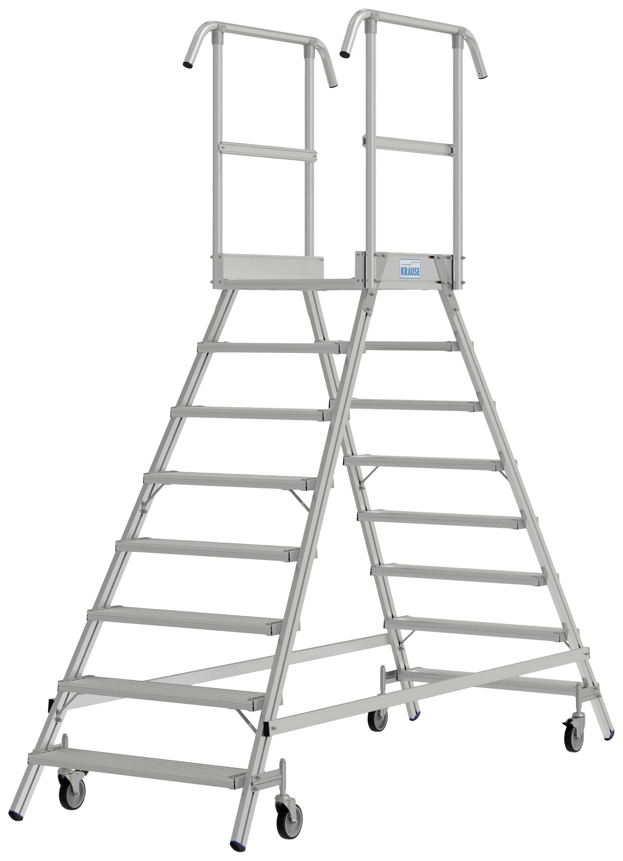 Aluminiumleiter mit zwei breiten Stufenreihen und Handläufen, auf Rollen für einfache Mobilität, geeignet für industriellen Einsatz.