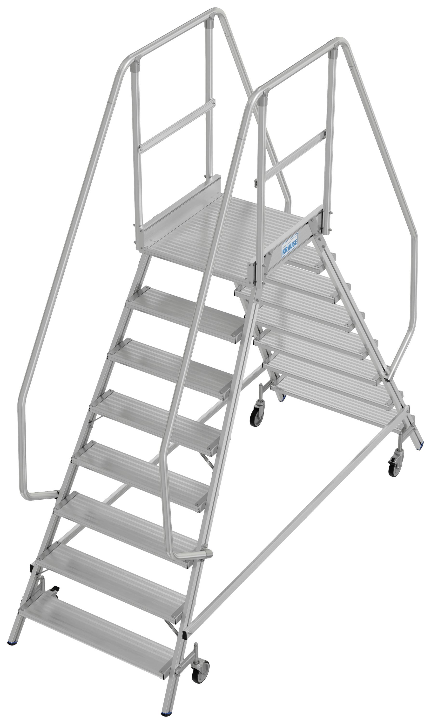 'Aluminium-Treppe mit Geländern und zehn Stufen, auf Rollen montiert, für sichere Höhenzugänge.'