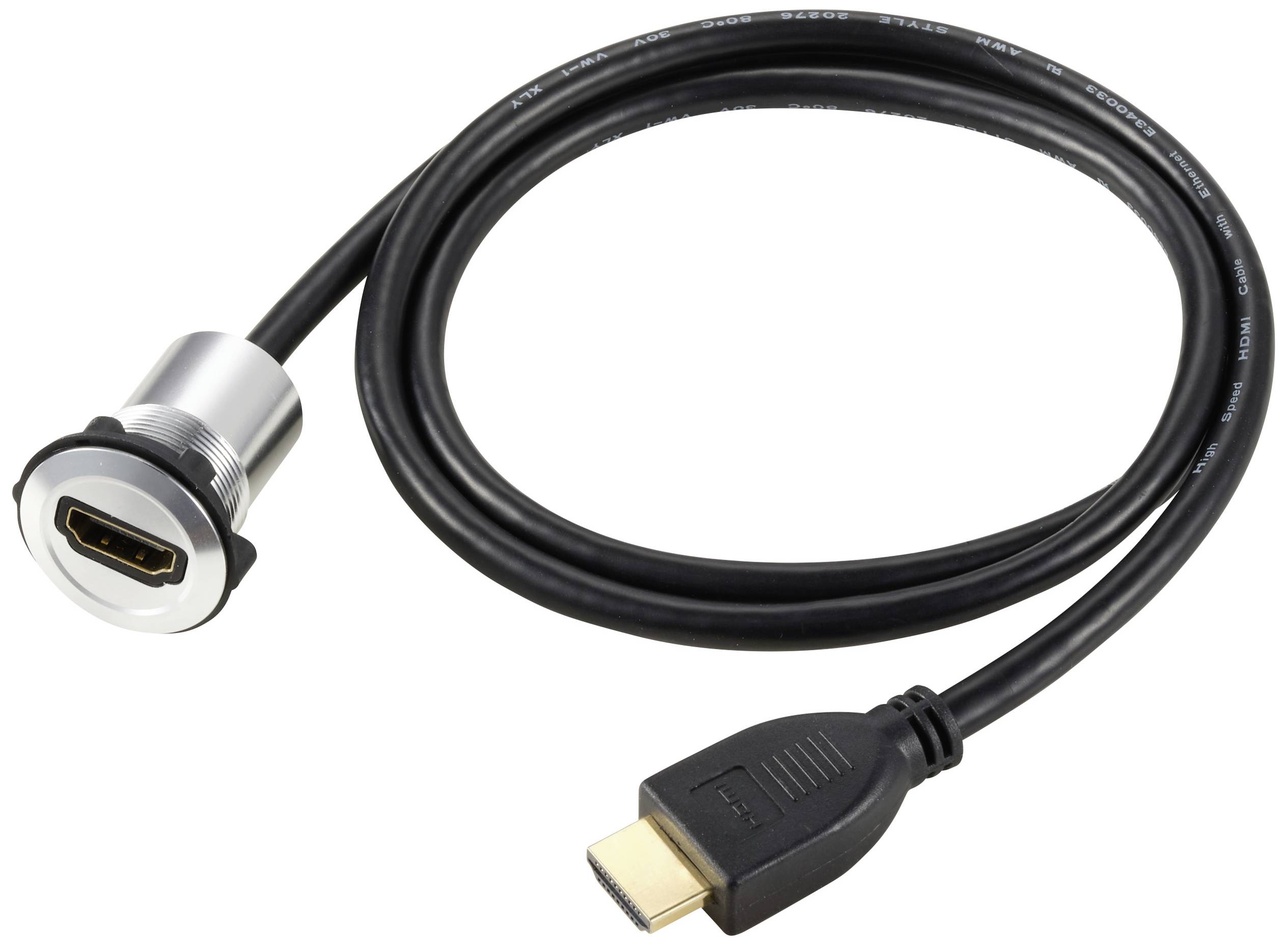 HDMI-Kabel mit einem Metallanschluss links und einem Standardstecker rechts. Verwendet für die Übertragung von Audio- und Videosignalen.