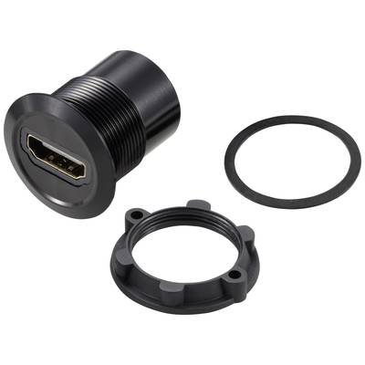 'Schwarzer HDMI-Anschluss mit abnehmbarem Ring und Dichtungsring, geeignet für die Panelmontage in elektronischen Geräten.'