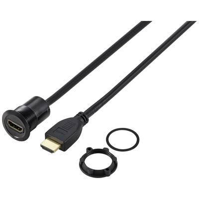 HDMI-Kabel mit männlichem und weiblichem Stecker, Befestigungsring und Dichtung für industrielle Anwendungen.