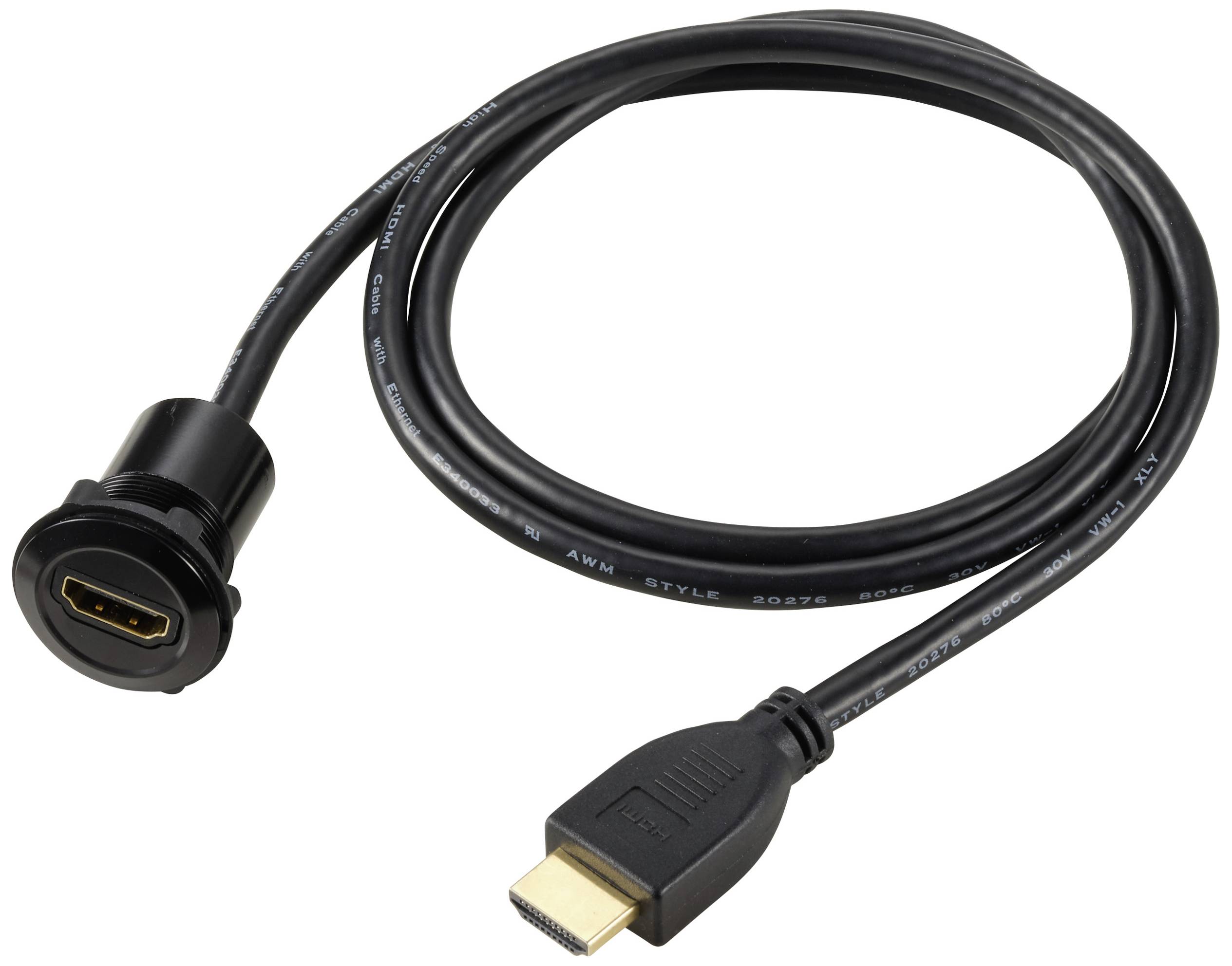 HDMI-Kabel mit einem Anschluss an jedem Ende, einer ist zum Einbau geeignet. Hochwertige schwarze Ummantelung.